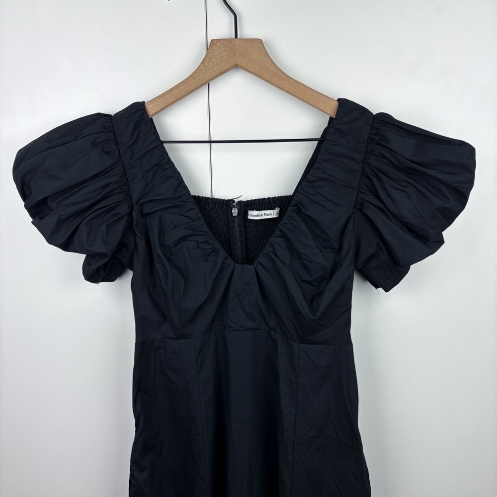 Abercrombie Puff Sleeve Plunge Midi Dress Black V Neck Cotton Blend Poplin Small - Picture 4 of 9